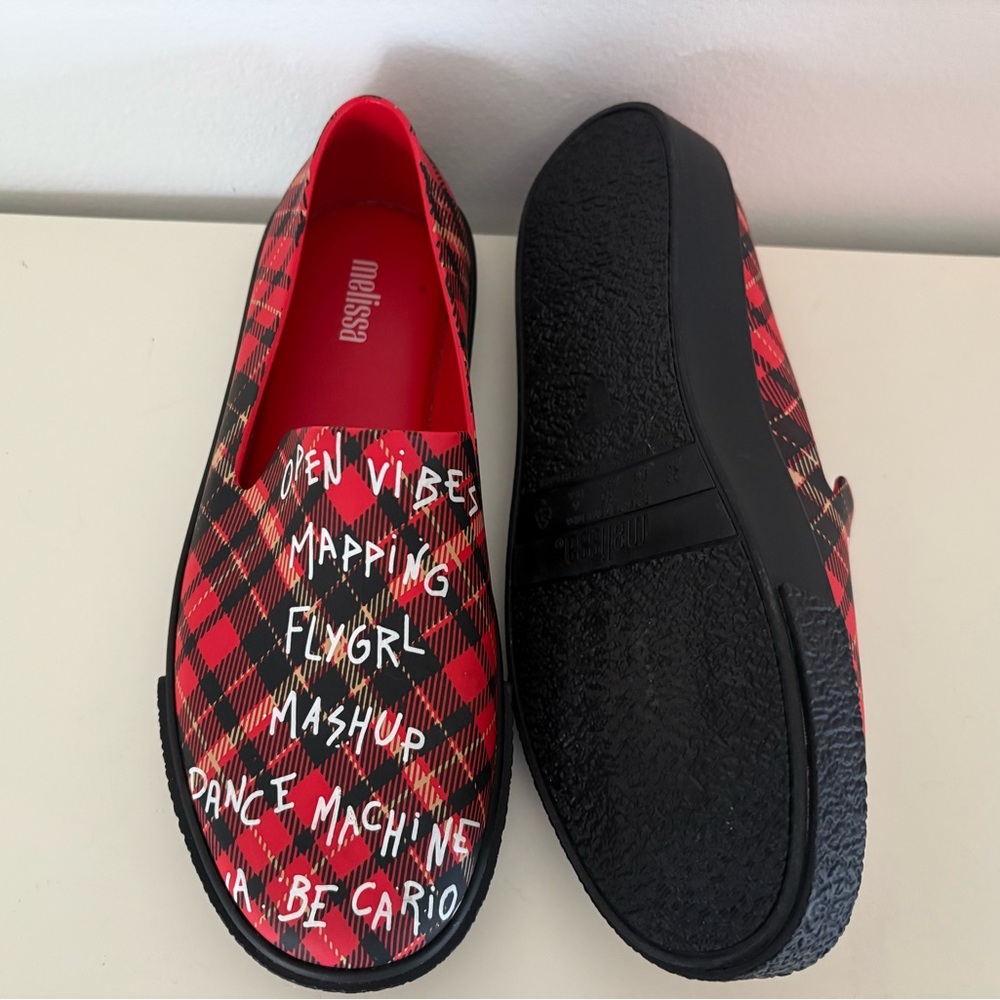 Melissa Vibrant Red Plaid Slip-Ons size 6